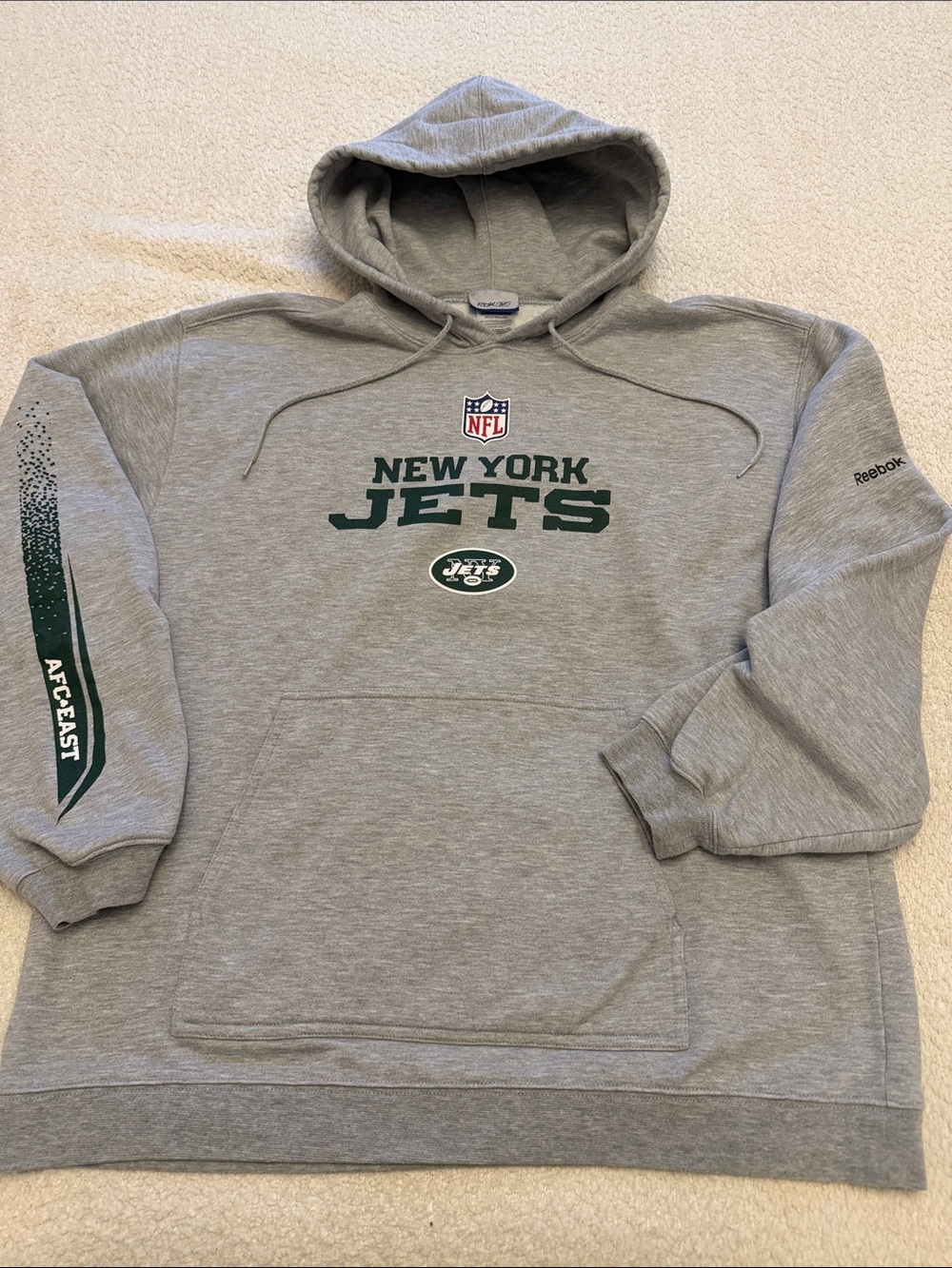 Reebok Gray New York Jets Hooded Sweatshirt with Green Logos -size Large -UNISEX